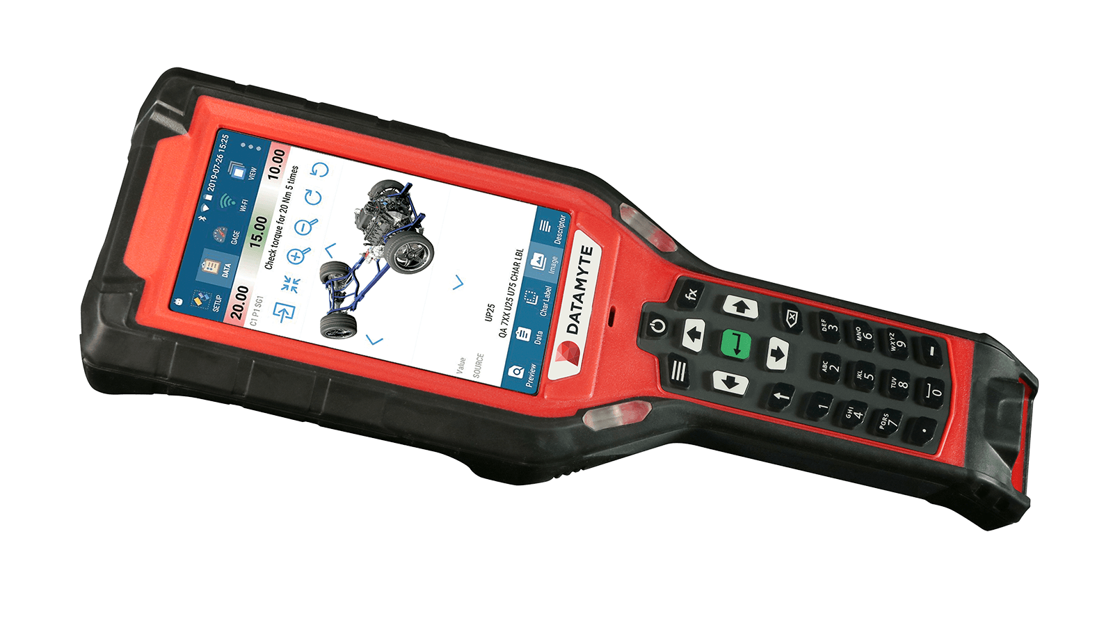DATAMYTE quality-planning interface shown on a rugged data collector beside an automotive chassis